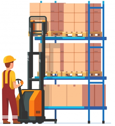 Cartoon of a man using pallet lifter to load boxes onto pallet racking