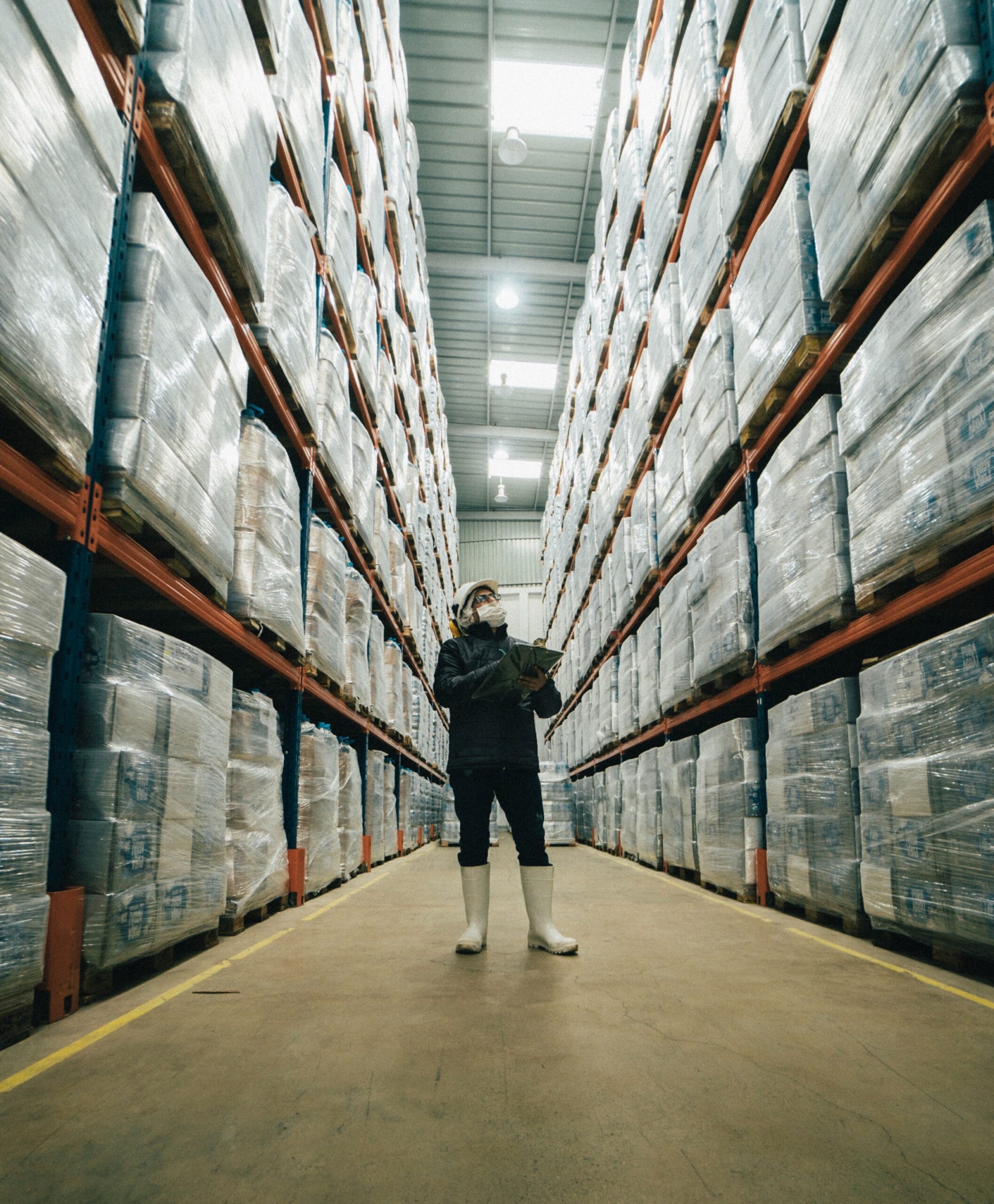 Man in mask wit clipboard between pallet racking