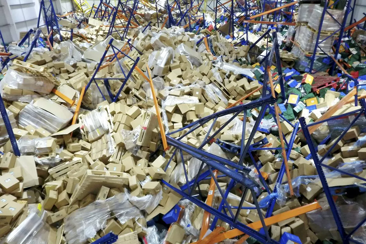 broken pallet racking and shelving in warehouse