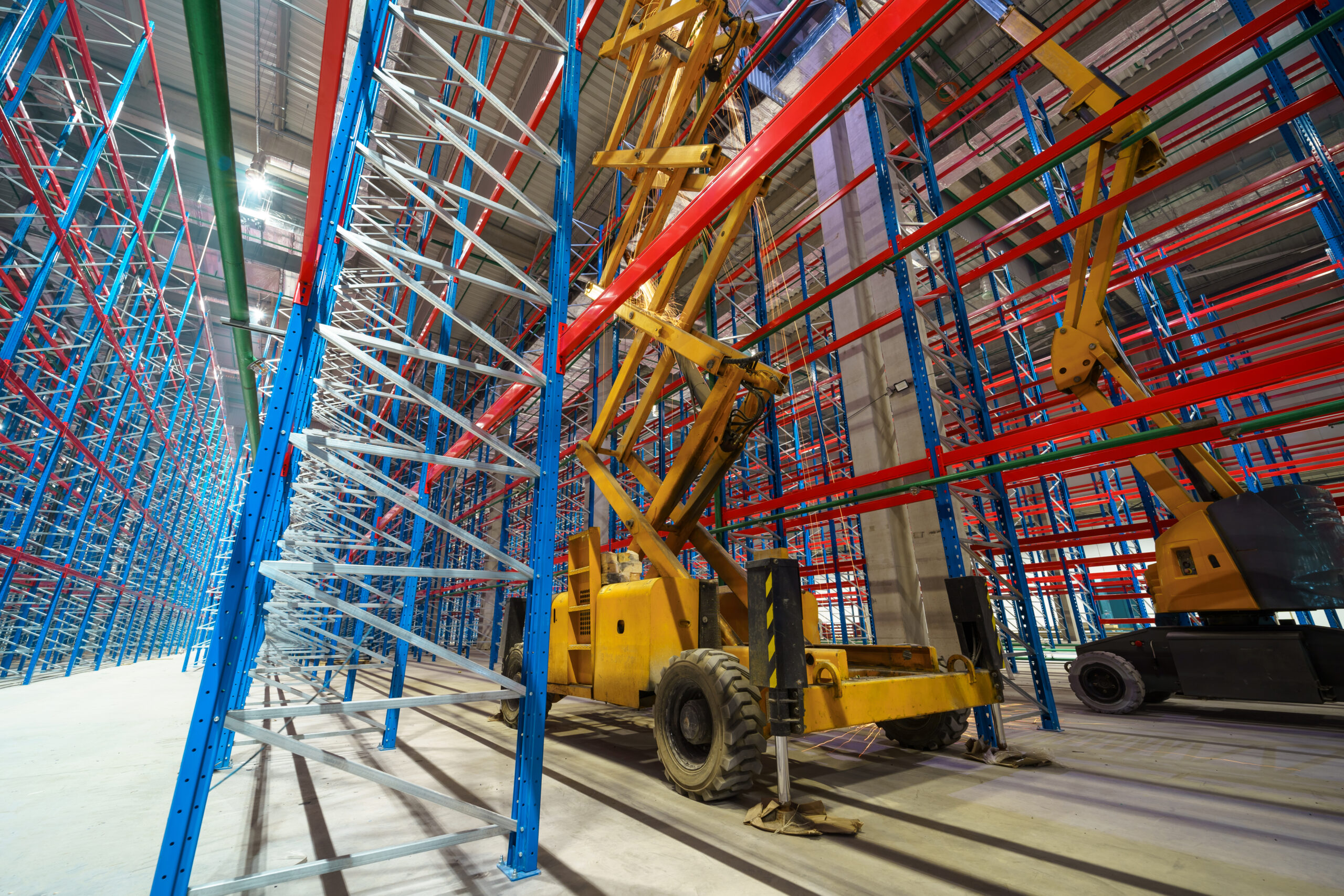 Hydraulic lifting platform on the construction site of an industrial building. A scissor elevator inside a huge warehouse is used to install tall metal shelving units